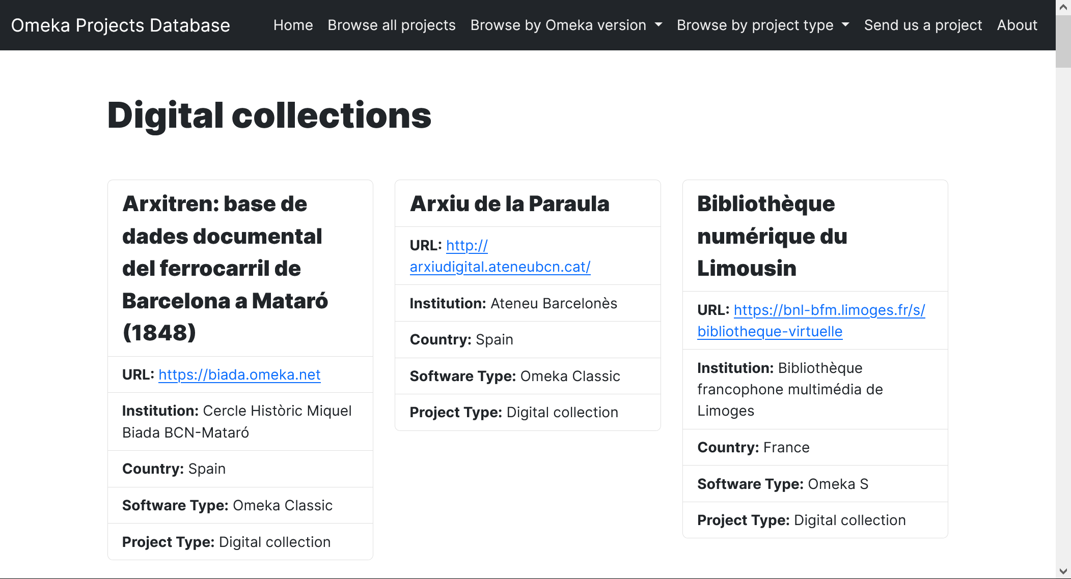 Página de resultados de Omeka Projects Database