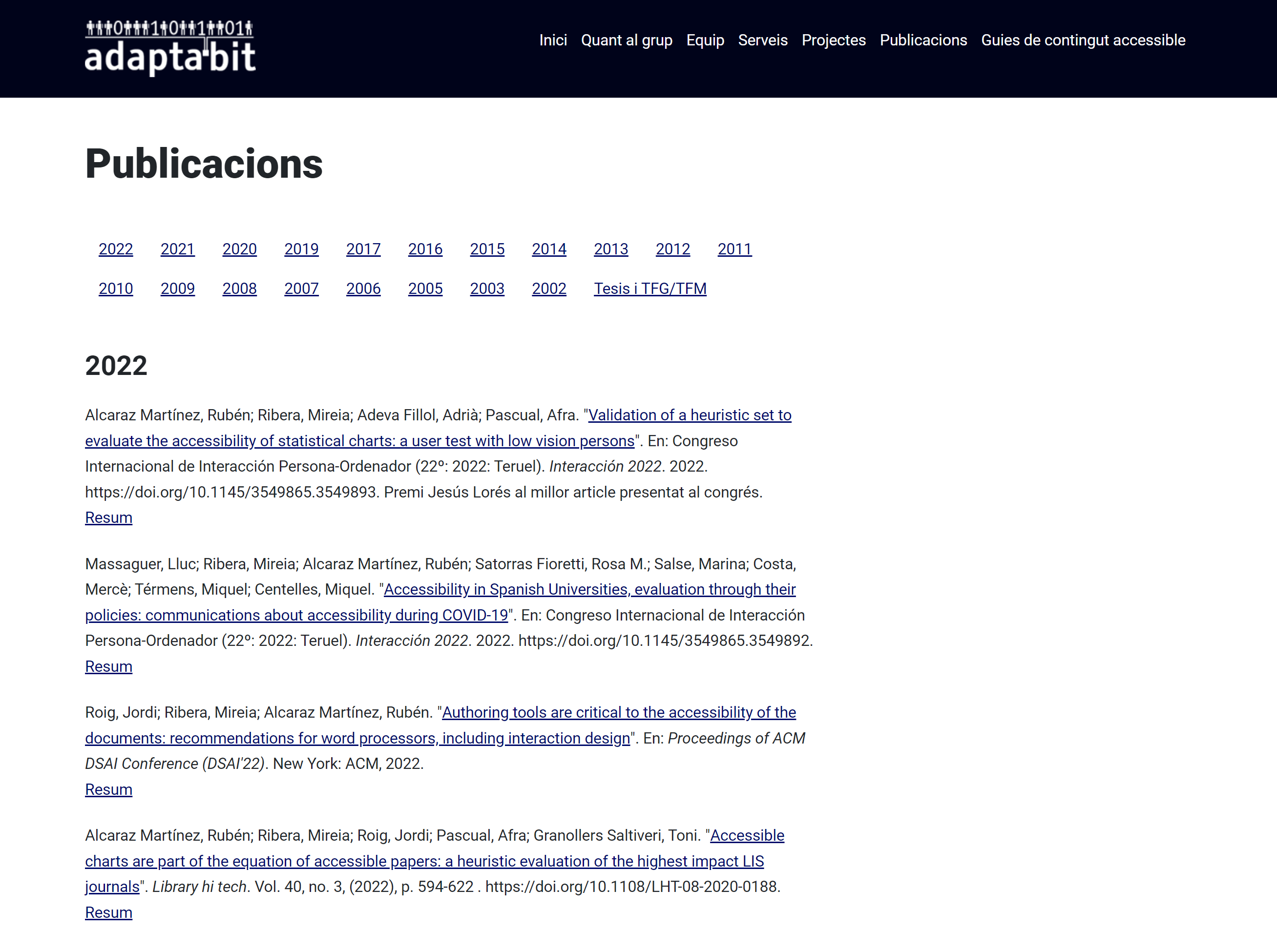 Web del grupo Adaptabit. Sección publicaciones